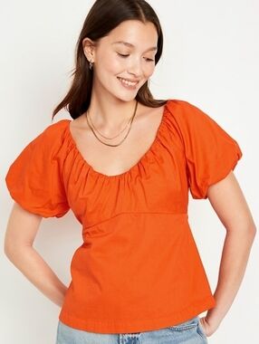 Bright Orange Puff-Sleeve Scoop Neck Top With Gathered Neckline 100% Cotton